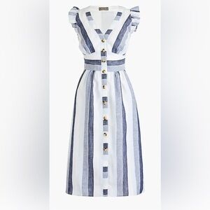 NWT J Crew Point Sur Button Front Linen Midi Dress in Faded Indigo Stripe Sz 2